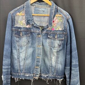 Repurposed Embroidered Floral Mesh Back Denim Jacket - by Jagged Threads